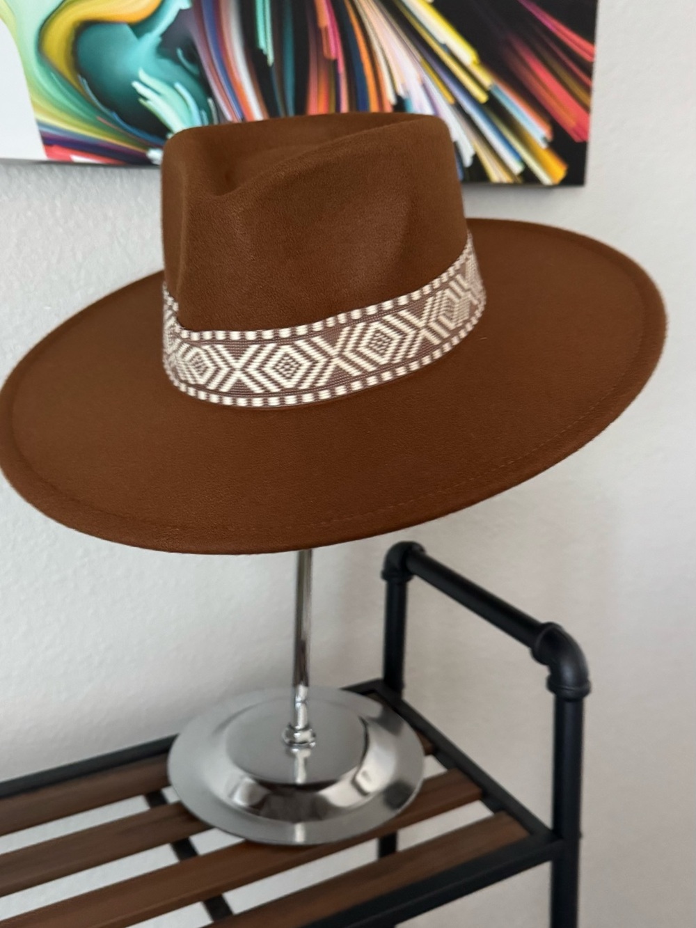 Brown Men's Wide-Brim Fedora with Patterned Band